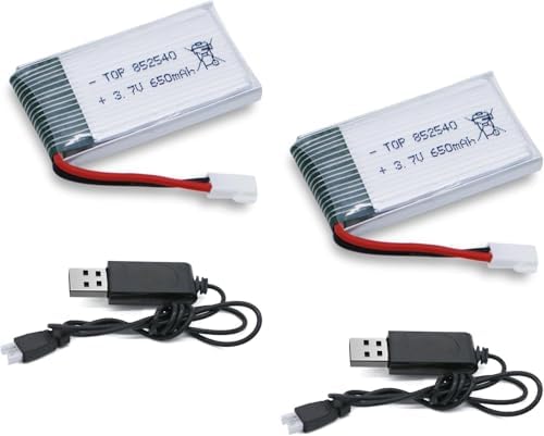 3.7v Drone Lipo Battery, 2 Pack 650mAh Rechargeable Batteries with 2 Chargers