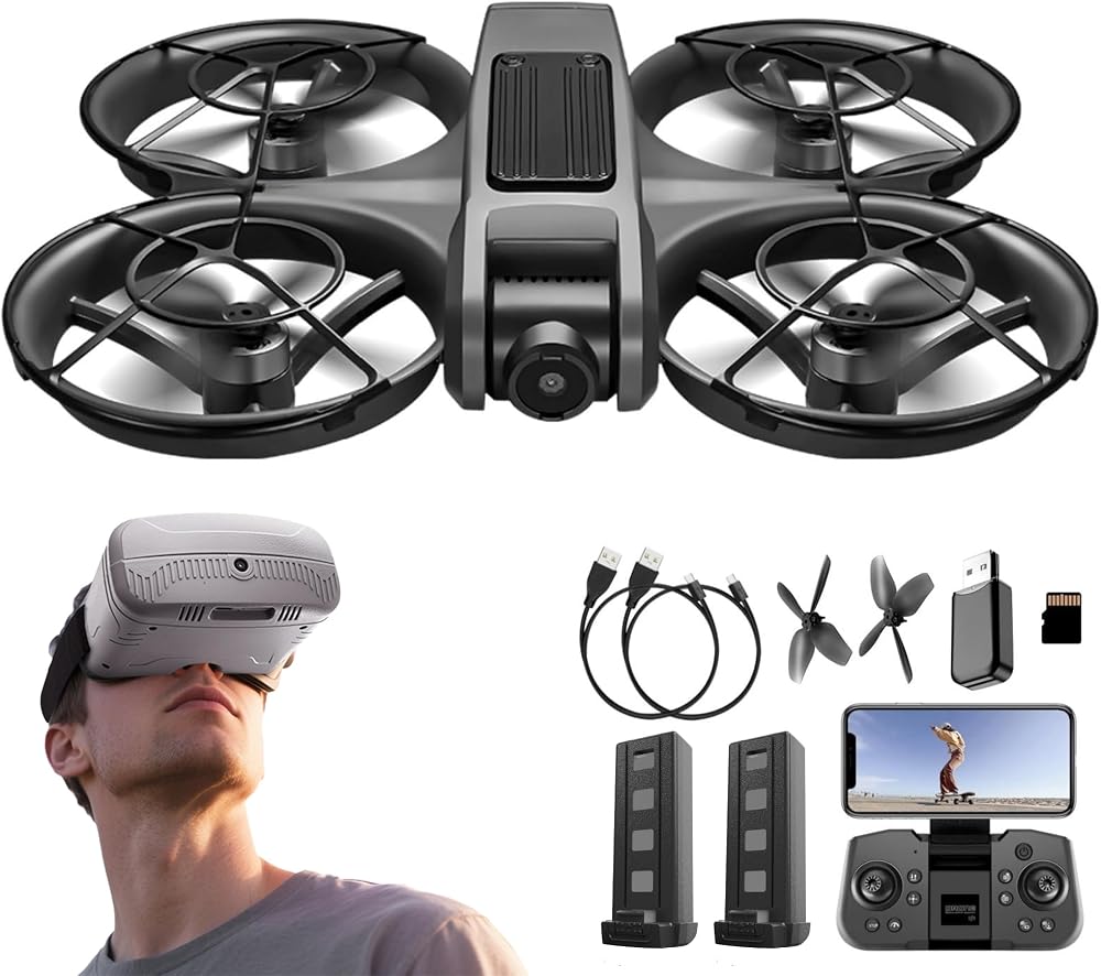 Adult FPV Drone with VR Goggles, First Person View, 1080P HD Camera for Beginners Quadcopter, 360° Flip Stunt, Brushless Motor, Optical Flow Position Hover, Adjustable Speed, Propeller Guards, One Key Takeoff & Landing, Remote Control Aircraft for New Pilots, 2 Batteries & SD Card Included